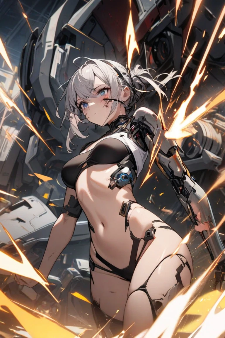 1 girl, tie up hair, left side swept hair, long gray hair, red eyes, innocent smile, black mech armor, cool and sexy face, black thigh knee sock, 8, Sharp face, Yellow ribbon at the ear, battlefield, outside, head bondage, black steel boot, standing, , modernia, massive cannon, one person, alone, 1 head, 2 hands, 2 legs, black underwear, black lingerie, black undergarment