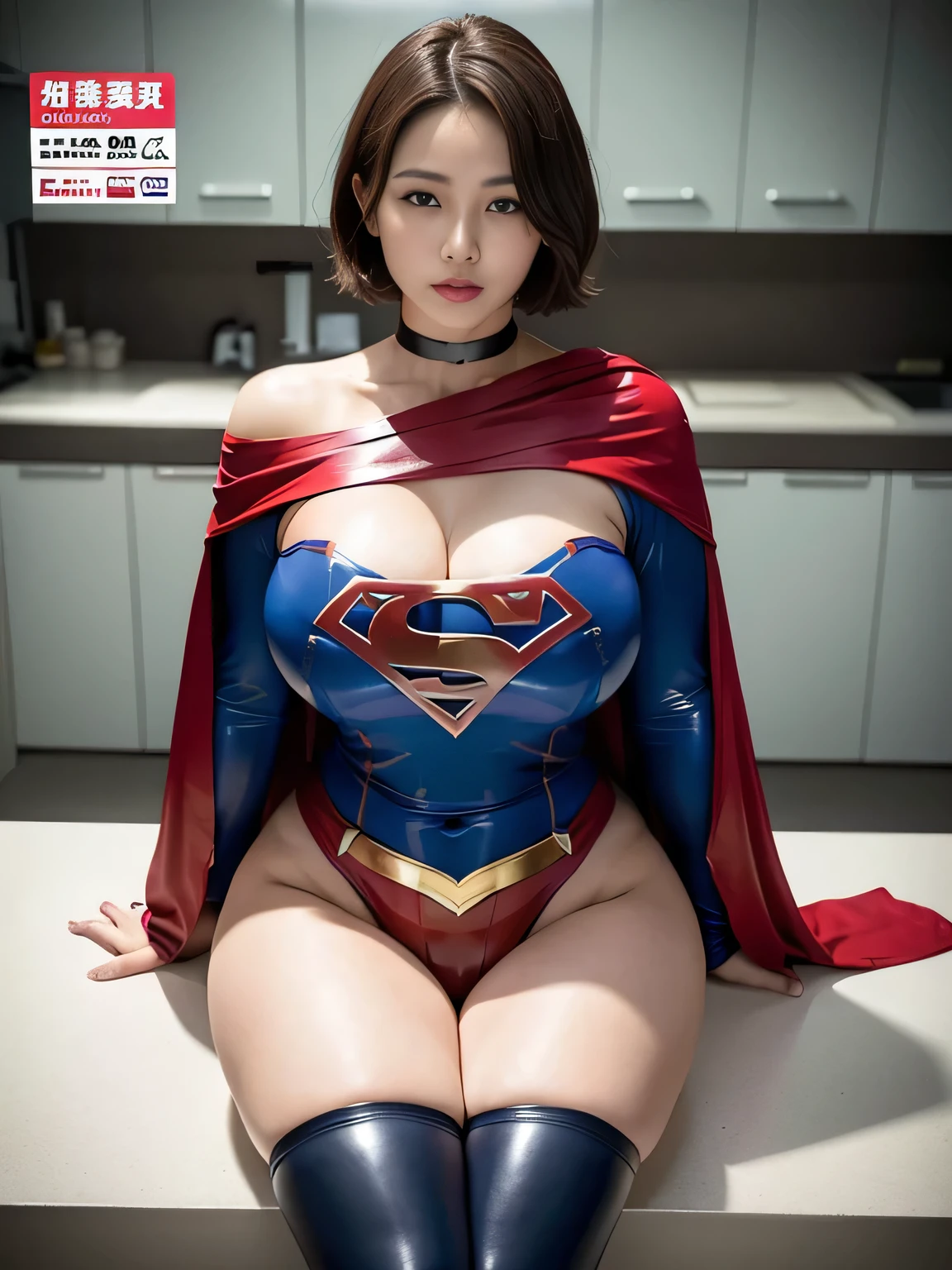 masterpiece、Rubber Supergirl Costume、short hair、barefoot、Big and ample breasts、looking at the camera、choker、Long sleeve、Cape、mini skirt、Off the shoulder、Sweaty skin、In front of the laboratory equipment in the hospital room、Photo magazine cover、Glamorous cleavage、Boasting beautiful legs、High leg leotard、Bare legs、Nymphomaniac young wife in her 30s、Close-up shot from the front、Close-up selfie、