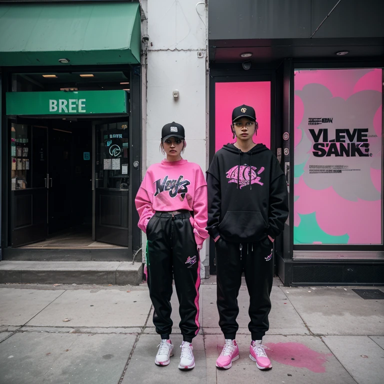 Ader Error storefront exterior, matte black expansive flooring, neon pink and green graffiti wall in background, edgy Korean streetwear vibe, large open space, no humans, no mannequins