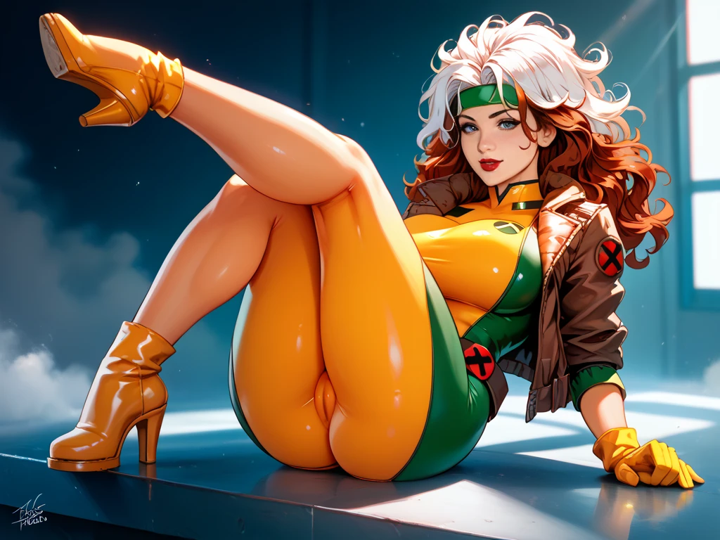 CARTOON_X_MENs_Rogue,
long hair,breasts,brown hair,green eyes,lipstick,makeup,lips,white hair,two-tone hair,wavy hair,large breasts,messy hair,curly hair,big_hair, nude body, 1girl, solo, looking at viewer, full body, (masterpiece:1.1), (best quality,:1.1), (high quality:1.1), in x-men school, living room, standing , by sofa, cartoon style , front view, pussy, massive hips, nipples