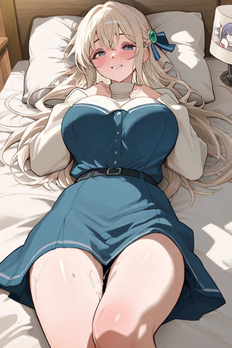 masterpiece, (best quality), game cg, highly_detailed, extremely_detailed_CG_unity_8k_wallpaper, illustration, highres, absurdres, pov, window shade, light particles,
1girl, solo, mature female, milf, indoors, night, bed, portrait, 
 blue shirt, pencil skirt, (black pantyhose), 
(blue eyes), (blonde hair), long hair, lying, (huge breasts), looking_at_viewer,  on back, on_bed