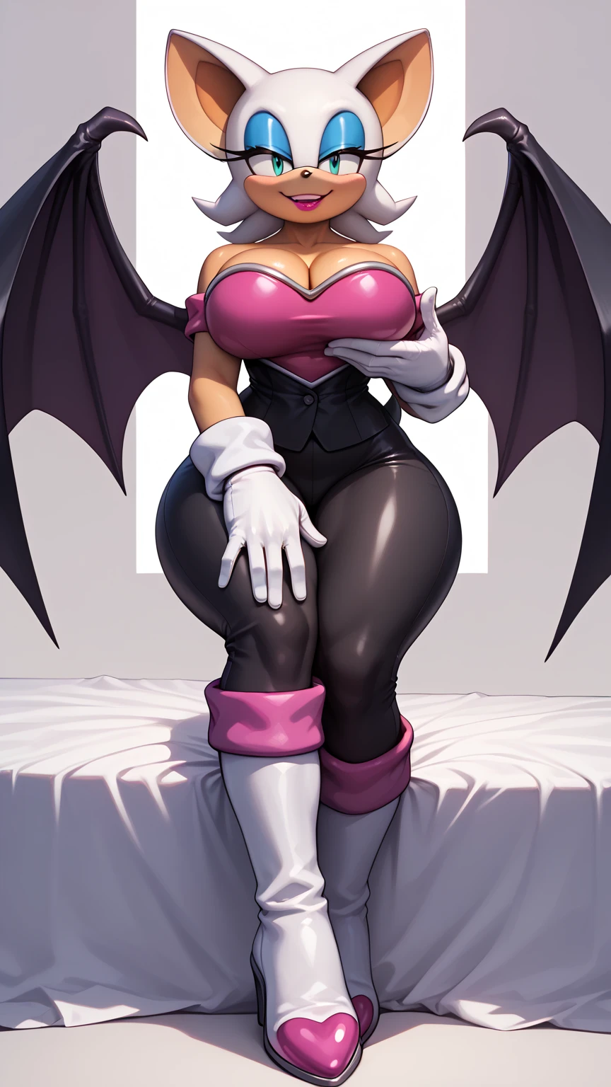 score_9, score_8_up, score_7_up, score_6_up, source_anime, rougecosplay, 1girl, solo, bodysuit, elbow gloves, knee boots, bare shoulders, white gloves, bat wings, large breasts, black bodysuit, kiryuin_satsuki, black hair, outside, standing, city, double v, shy expression, cleavage,