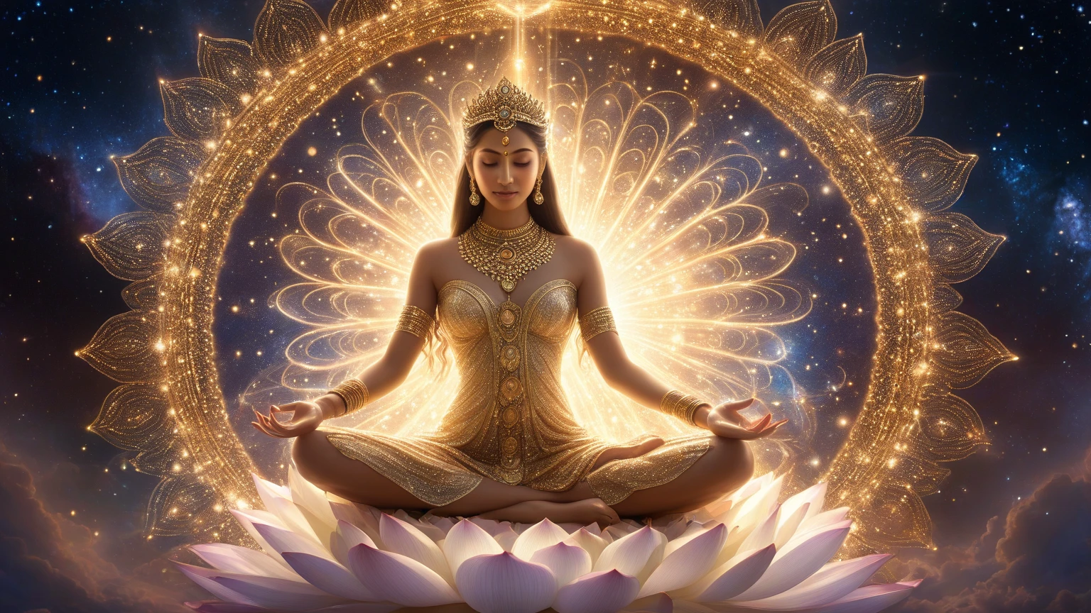 official art, unity 8k wallpaper, ultra detailed, beautiful and aesthetic, masterpiece, best quality, (zentangle, mandala, tangle, entangle), (fractal art:1.3) , light painting, vibrant colors, captivating patterns, creative experimentation,
(1woman:1.2),solo,45 y.o,(Guanyin Bodhisattva:1.1), full body (White silk attire:1.2), Intricate adornments,(halo background:1.1), Front-facing,(style-swirlmagic:1.0),white color scheme, casting a spell, closed eyes, sparks, surrounded by yellow lightning, casting spell, ([Cyberpunk fusion|Chinese Mythical fantasy]:1.1) , reflections, puddle, (cross-legged),(Sitting  on a lotus:1.1), , movie-like lighting, ethereal portrait, (thick melting magic:0.8), yellow arcane symbols,  bloom,torino aqua,