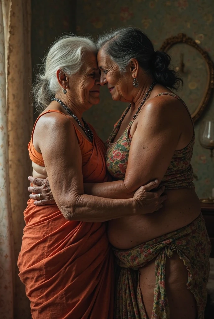 (masterpiece, highest quality, perfect, highly detailed picture, sharp detailed, 8k),((A photorealistic image of two naked 80 year old women walking side by side towards a small hut through the middle of a rainy jungle, directly from behind, walking, full body, barefoot)), side by side, looking back,looking at the camera, perfect face, extremely detalied faces ,beutiful face, wrinkles,horny inviting, playful, sassy, perverted, lewd, with colorful fruits and vegetables all around. Shot from a wide angle to capture the sense of texture and vibrancy, smiling, wide hips, )light skin ,white hair), single small hut in the background(old woman)((from behind))(realistic old woman wrinkly big butt, wet skin)((wearing a string around their waist, string made of vines))(wrinkly old skin)ass, naked buttcrack, heavy raining, cellulite, standing straight, wet hair,