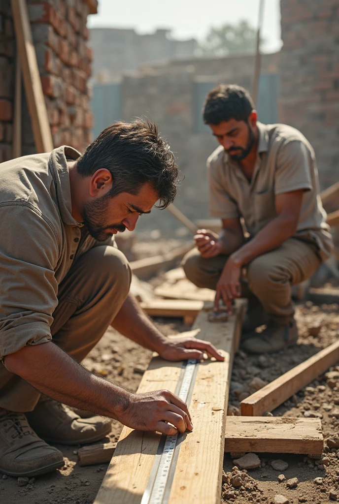 Construction, with bricklayer and laborer working hard and truly to build a beautiful building 