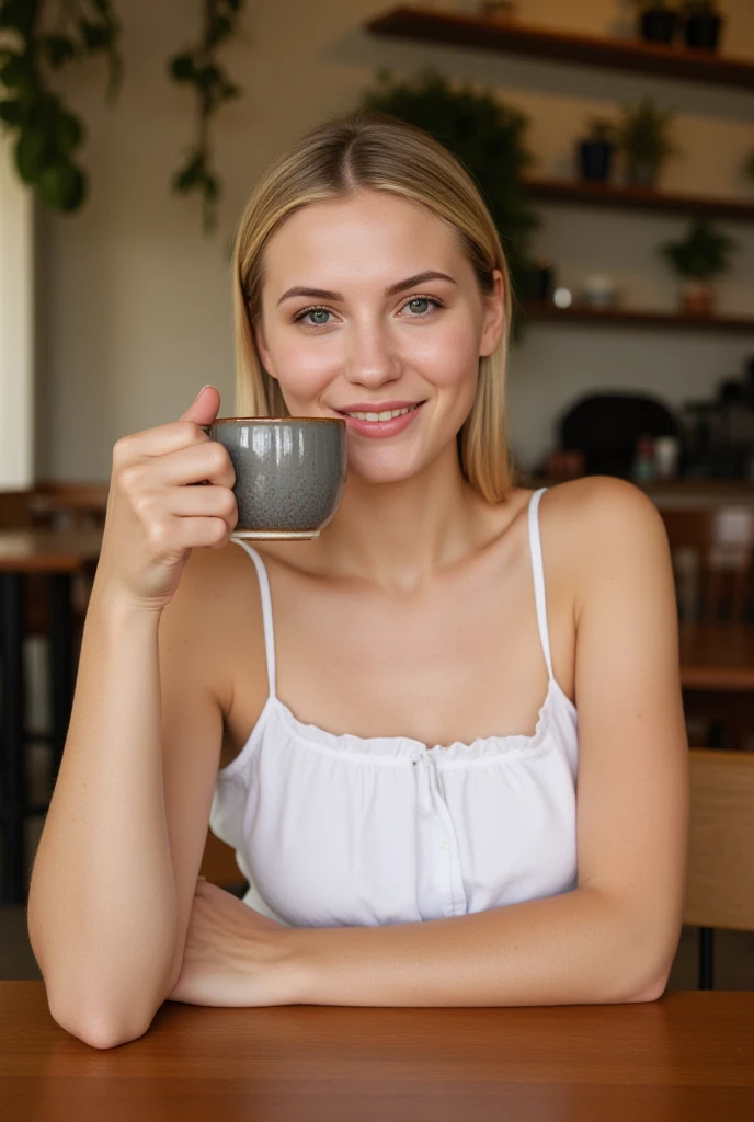 A blonde woman with wavy hair and blue eyes, wearing an orange top, sitting at a café counter. She is resting her head on her left hand, looking directly at the camera with a soft and thoughtful expression. On the counter in front of her is a latte with a red straw. The background features warm lighting and a cozy, slightly blurred ambiance, suggesting an inviting café environment.perfect eyes, perfect iris, perfect lips, perfect teeth, perfect skin, Sony Alpha 7 III