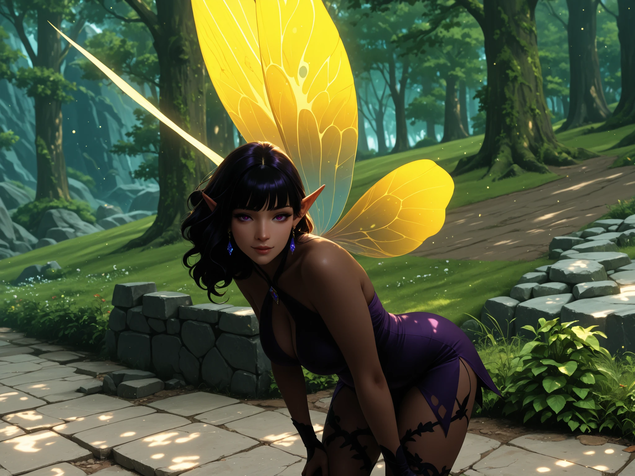 "1 beautiful black fairy woman with African ethnicity. A stunning, ethereal depiction of a mesmerizing Flower Fairy in a fantasy realm. The fairy has delicate wings and is adorned in vibrant floral attire., radiating an unearthly glow. doggystile, surreal, TESO, Panas, highy detailed, Spitz, proffesional, 8k hd, twilight, film, tenebrosa, violent, plein-air, Riu, buttler, chase, Dramatic, vivid, Clima TESO, rendered, epic, twilight, nffsw, Tiered, snowstorm, lightning, disaster