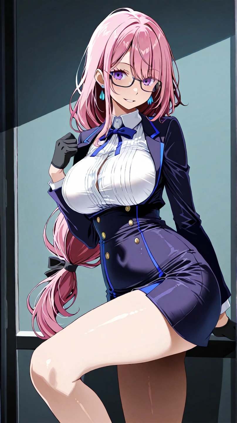 honoka, blue blazer, tie, pleated skirt, one glove, white thighhighs, college student, huge breasts, pink hair