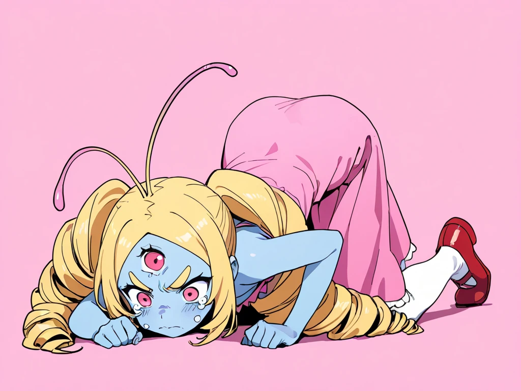 score_9, score_8_up, score_7_up, best quality, masterpiece, 2 girls, Tristana, Poppy, (absurdly high resolution:1.4), laying down on stomach, from side, (short, diminutive, smol), yordle, (humanoid, blue skin, purple eyes, (long ears, horizontal ears), long horizontal yordle ears, claws, feminine), white sundress, barefoot, cute, adorable, slim, thin, (hair, fluffy hair, short hair, thick hair, blonde hair, pigtails), large breasts, seductive expression, blush lines, submissive), solo, bedroom, pillows, window, night sky, Expressive, young, expressive shortstack,