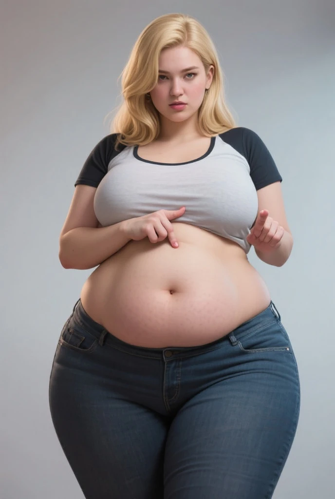A hot american woman, pretty american woman, long legs, wavy messy blonde hair, (plump body, sagging breasts, braless), ((casual white tight shirt with rounded-neck, jersey, short-sleeve), (pink tight mini-skirt)), white stilettos, pushes chest, seductive look, attractive, full body, front view, at professional photo studio, white backdrop background, dynamic light, dynamic angle, perspective, candid, curvy body, plump body, huge big ass, thick body, curvy body type, voluptuous body type, busty body type, thick body type, big chest, big