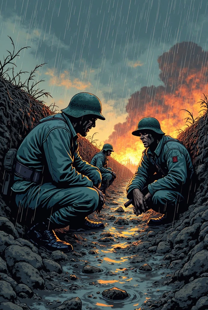 <lora:fr-comics-eb-v4:2.4> finely intricate details, lots of pencil strokes, a masterpiece comics scribbled colored illustration, In the First World War, in a field, a standing soldier lights with a lighter his standing comrade withthe cigarette on his lips , bare heads. They are wearing uniforms worn and dirtied by the trenches, their gaunt faces lit by the flame of the lighter. their rifles are resting against a low wall, and in the mist we can see the ruins of a destroyed village in the distance. an atmosphere of the end of the world, faces full of wrinkles with large eyes and hollowed cheeks, bandages around the bloody head
