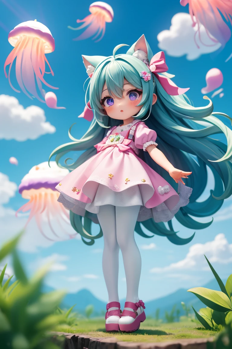 (TinkerWaifu:1), a fairy smiling sitting on a ((neon mushroom)), neon forest at night, neon fairy dress, (neon choke), (neon hair band)