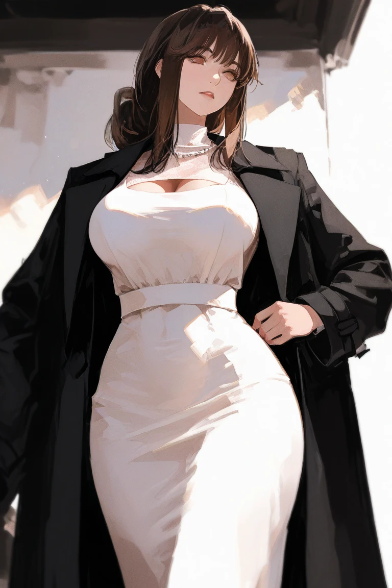 Parasoul, mature woman, long legs,sexy ,short little dress,limited dress ,long tight sleeves, ultra black dress ,semi-exposed thighs ,medium hips, big breasts, inverted cross figure on the chest, holding a black umbrella