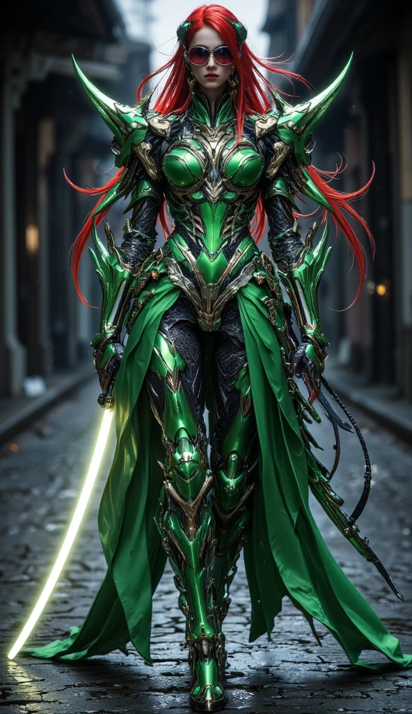 alien girl with horns, pink skin, long white hair, tribal armor, in the treetops, holding an ethereal alien bow, beautiful, bright green eyes, high resolution, photorealistic, 8k, full body shot, drawing back bow.