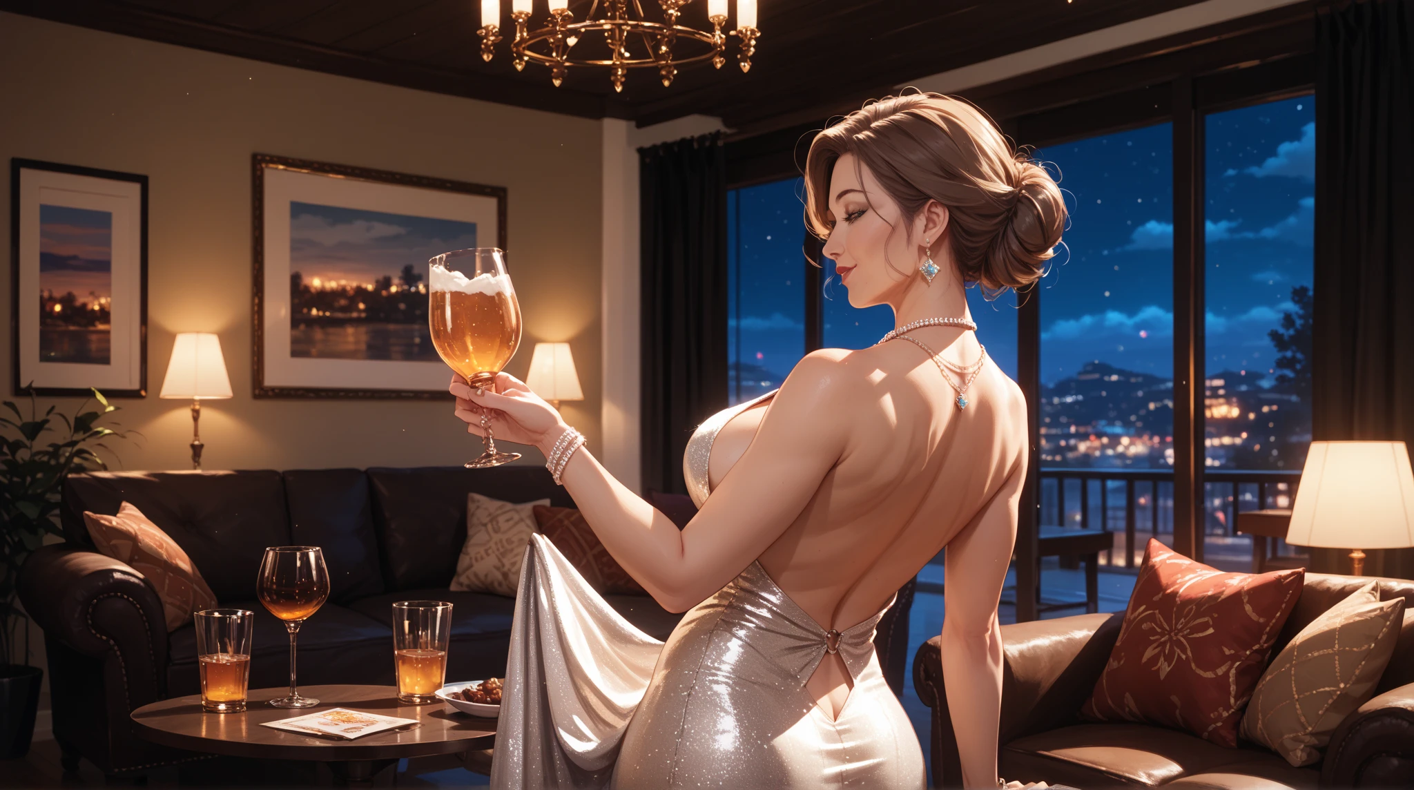 White woman、black hair、long hair、Hair becomes wavy、navel, large breast, Beautiful legs、erotic、Great proportiony hips are constricted、hand on hip、tan skin, party hall, Hair in the eyes((hair over eyes))、smile, tall, leggy,