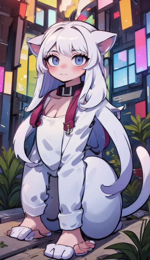 a white cat with a heart-shaped tail and a white top, White fur, cat girl, gata cave, thick black linear, an gata cave, gross, cola gross y esponjosa, clean cel shading, (sfw) Insurance for work, anime cat girl, cola gross, female fursona, cute anime cat girl, pov art hairy, pelusa gross y peluda en el cuello y el pecho