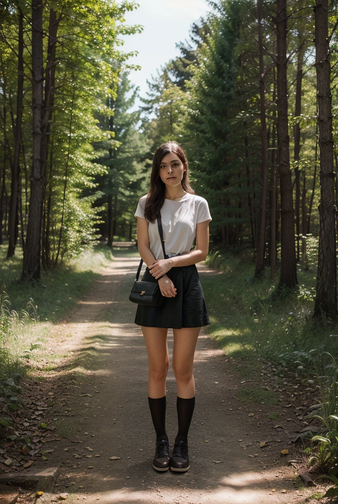 A female hamster standing in shirt and skirt in the forest