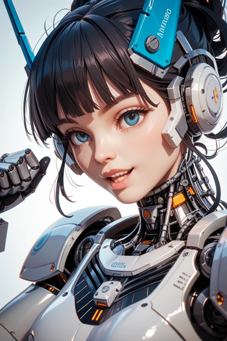 Wide-angle shot, 1 female, Mecha, Shining dark blue eyes, Very cute face, (Realistic:1.37), バイオMechaニカル, Spaceship interior bokeh background, Ultra-realistic, Very detailed, Very intricate details, Beautiful woman in focus