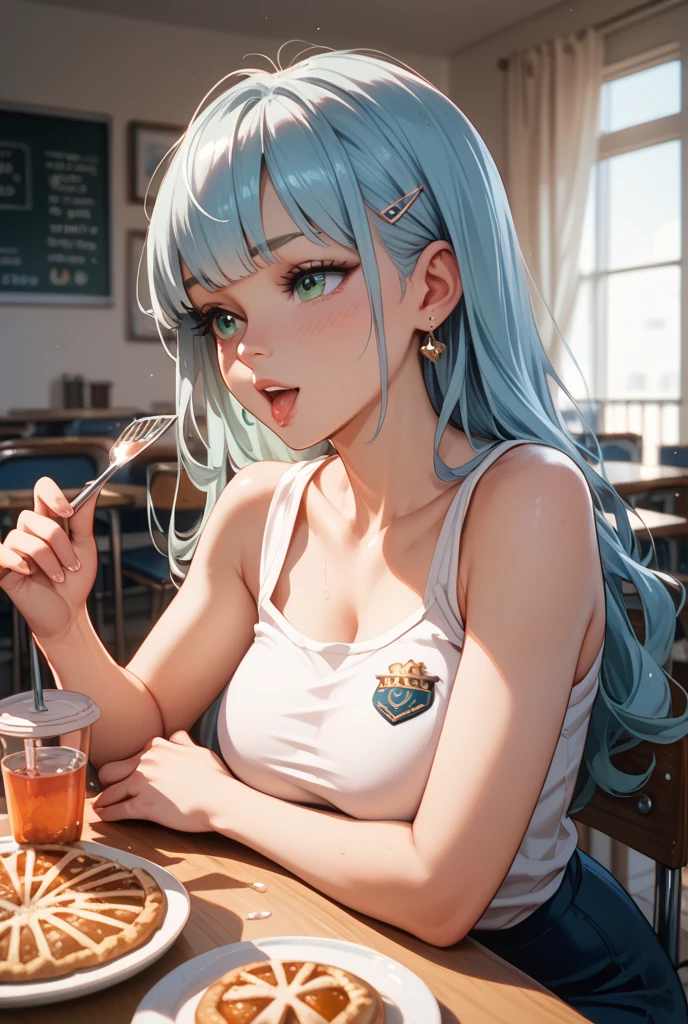 (UHD, retina, masterpiece, ccurate, anatomically correct, textured skin, super detail, high details, high quality, best quality, highres, 1080P, HD, 4K, 8k, 16k), (beautiful detailed eyes, beautiful detailed lips, extremely detailed eyes and face), studio lighting, physically-based rendering, vivid colors, (big tits, super big tits, super extra big tits, glamorous body), (white business shirt), (portrait, shiny hair, shiny skin), (bar, bokeh), (tilt your head to the side:1.5), (colored inner hair, sleepy eyes, blush, smile, beer, salad:1.5),