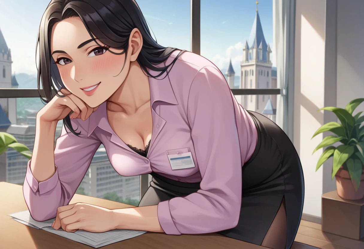 Athletic tanned Asian woman playing with foreskin, hand on penis, office