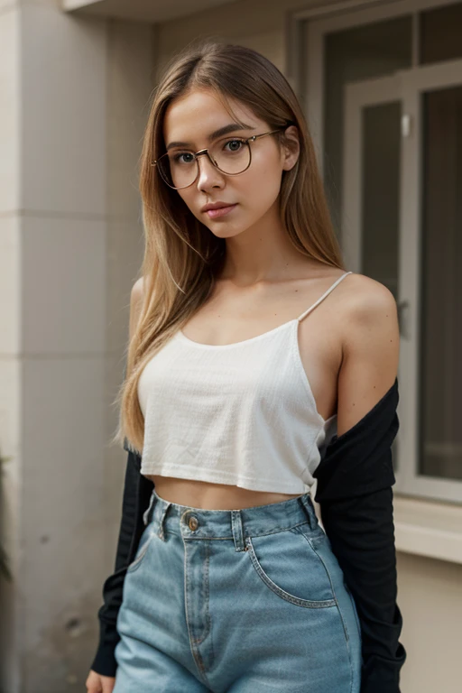 Criar uma foto em 3D de uma professora negra, with pink glasses, shoulder-length straight hair and white t-shirt and blue shorts