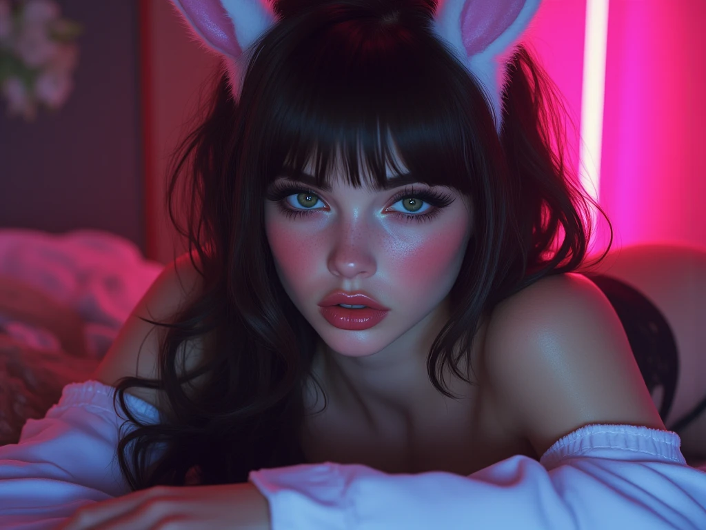 (Best quality, 4K, 8K, high resolution, masterpiece: 1.2), ultra-detailed, (realistic, photorealistic, photorealistic: 1.37), beautiful detailed blue eyes, long black hair in a high bun, detailed red veil, Portrait, Sharp, professional focus, Vivid colors, Dark background, Studio lighting. bunny cosplay, bunny ears headband.