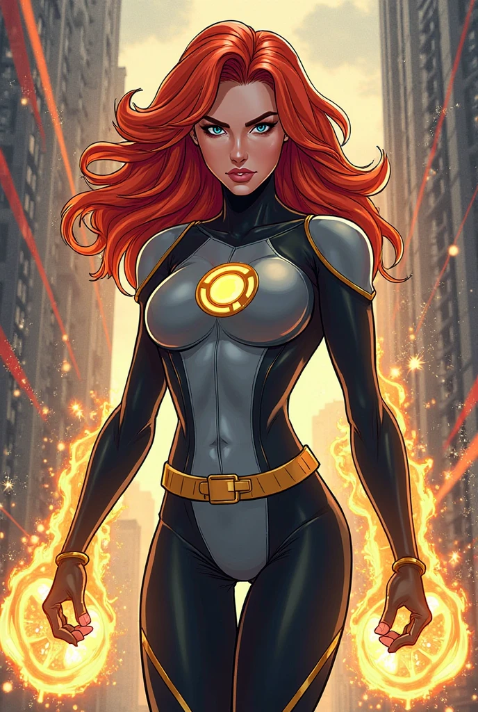 (original-art:1.2),(lineart:1.33), 1women, auburn hair, long hair, fair skin, hero bodysuit, glowing eyes, beautiful eyes, medium bust, toned body, (hyperdefined),(inked-art), natural bright colours,unusual-angle,cartoon, museum, artwork, flames, steam, complex lighting,(flat-colors),hatched-texture,(fine-details:1.2),absurdres, flat-colors, ultradetailed,