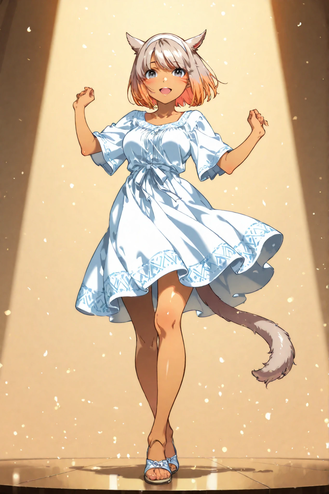 full body shot, girl dancing, spirited, happy, modern clothes, summer clothes, anime CG, HCG, 1girl, adult face, ((tan color miqo'te cat ears)), ((tan color hair)), short hair, white hairband, blueish grey eyes, volumous hair, straight front fringe, ((tan colored tail)), medium breast, masterpiece, (highly detailed), high resolution, absurdres, HDR, anime style, ((yoneyama mai eyes)), ((visual novel coloring)), ((elaborate shading)), ((visual novel shading)), elaborate shading, professional look, best quality, highest quality, pixiv award winning art, professional drawing, highest quality