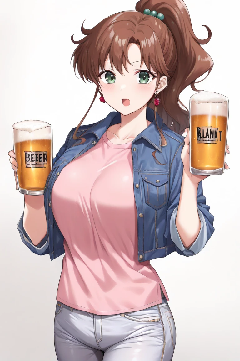 Woman, orange hair, big breasts, t-shirt, thick legs, izakaya, sitting on a chair, beer mug in right hand, smiling, red face, fun, happy, energetic, innocent, toast, drunk, no underwear, no bra