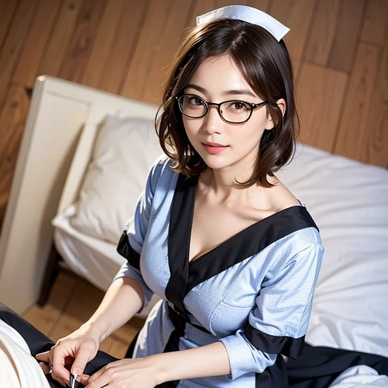 NSFW, 8K raw photo, best quality, masterpiece, ultra high definition, film grain, filmg, 1girl, watch viewer, natural skin texture, realistic eye and face details, Japan people. , 24 years old, 1 person, round glasses, occupation is nurse (nurse), wearing white short-sleeved nurse clothes, (no nurse cap is worn), black all-lace bra and black all-lace panties can see through, wearing nurse sandals on feet, Akiko Takase, Kazue Kato, , Aya Takano, Etsuko Miura, Gengee, Tsugumi Oba, Chiho, Rinko Kawaichi, Takeyuki Kanda, Height 158cm, weight 53kg, bust 83cm (D cup), Waist 61cm, hips 86cm, naïve nurse, smooth black hair, bangs, full body, on hospital bed, lying down, looking at the viewer from the front --auto --s2