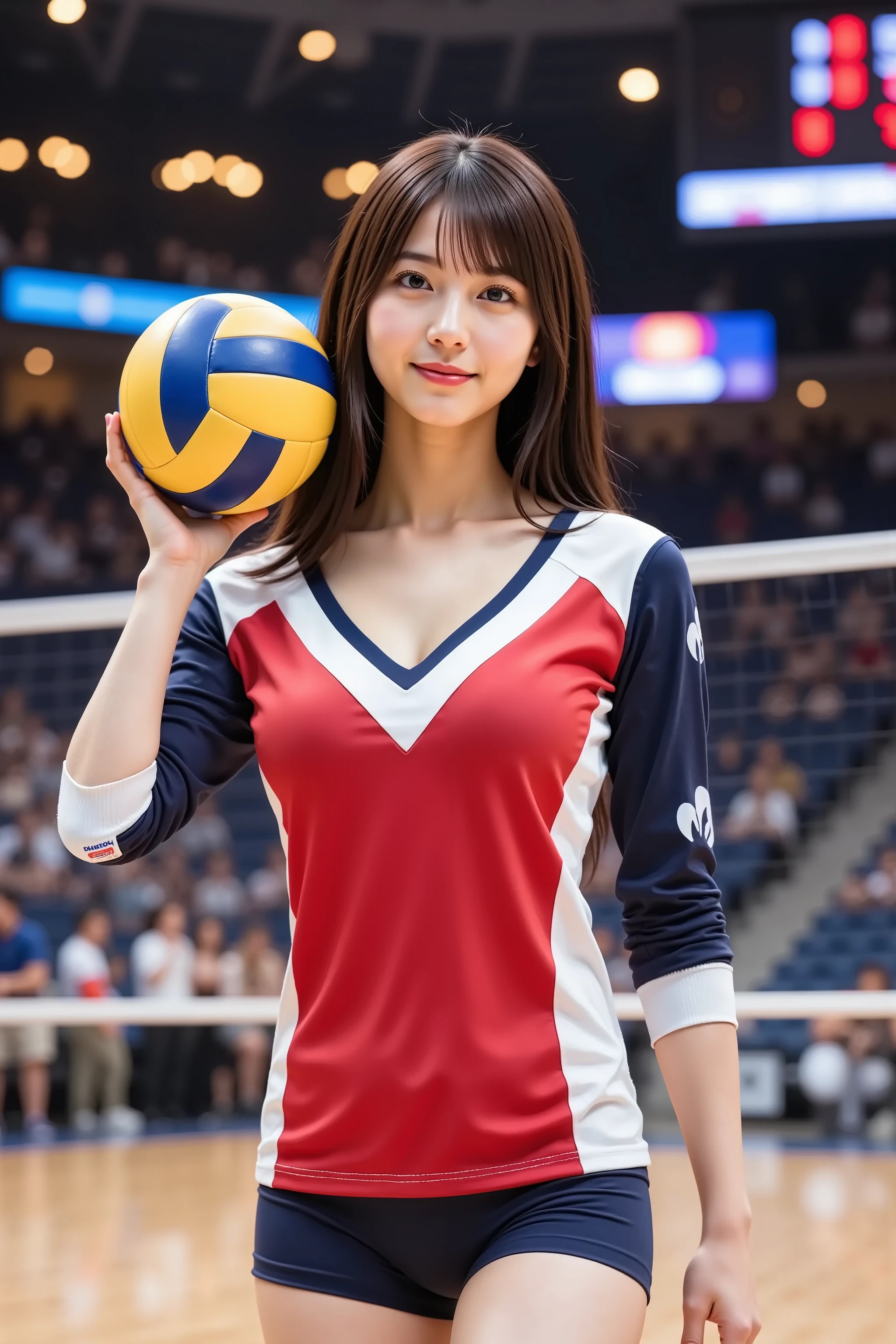 firm and big breasts, cleavage, A realistic photographic composition framed from just below the shoulder of a female volleyball player in mid-serve on an indoor court, ensuring her entire head is fully visible within the frame without cropping at the top. The background reveals blurred arena seating with cheering spectators under bright overhead sports lighting and glowing LED advertisement boards along the sideline, while a taut white net and padded metal net posts stand just behind her shoulder level. A digital scoreboard with red timer digits is softly visible beyond the blur. She wears a fitted red and white micro-mesh polyester volleyball jersey with white sleeves, navy trim along the collar and seams, and a white sponsor patch with blue logo on the right sleeve. The sharply plunging V-neckline clamps firmly across her firm, full breasts, producing a deep cleavage line framed by underbust seam lines that lift and support each rounded contour with taut tension folds and specular highlights. Flatlock stitch lines along raglan sleeves and side panels are visible, and the fabric shows natural stretch wrinkles and moisture sheen across her chest and shoulders. Her right arm extends upward holding a regulation yellow and blue volleyball, the rubber dimples rendered crisply. The polished hardwood court floor below her frame reflects court lines and arena lights in glossy detail. Natural stadium illumination casts even highlights on the uniform, cleavage contours, and ball while preserving gentle shadow transitions on fabric folds and muscle definition. The composition is shot at eye level with an 85 mm equivalent prime lens at f/2.2 on a full-frame sensor, keeping the subject sharply in focus while rendering background into smooth circular bokeh highlights. Neutral white-point calibration renders true reds, whites, navy, wood tones, and natural skin tones faithfully without stylization.