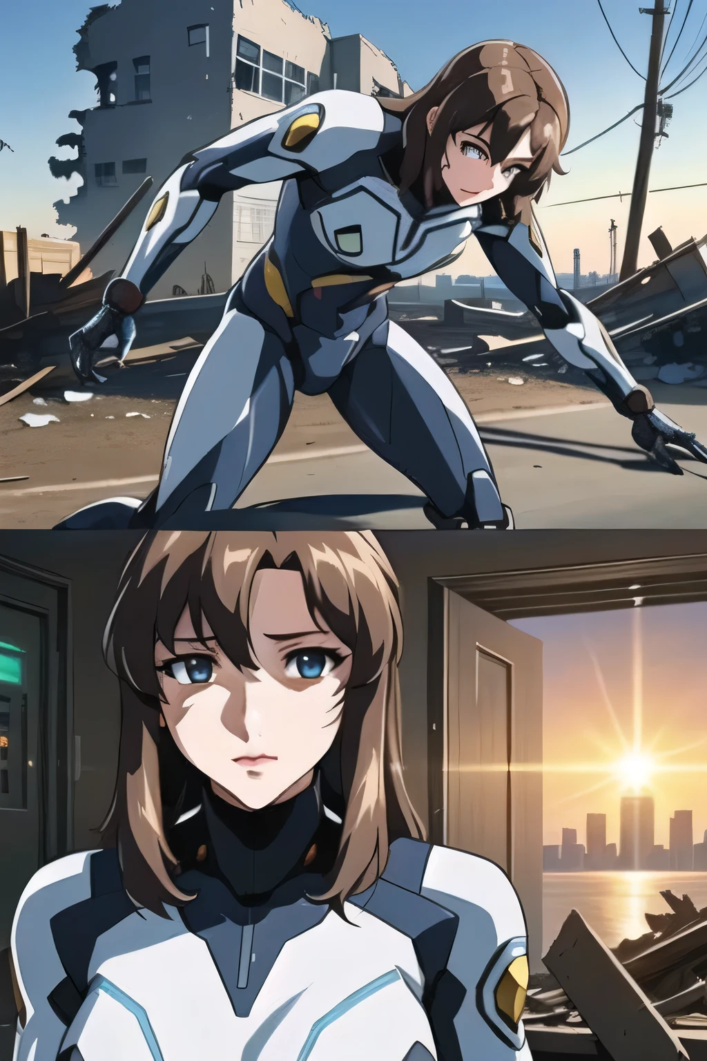 can I draw a cyborg, city of the near future,,destroyed building,(((can I draw a machine's body other than the face))),I'm injured in battle and part of the machine's body is peeled off,battlefield,(Let's try to draw a more delicate expression),(futuristic cyborg body),( Battle Machine )(terminatorsT800 body),,I need my whole body at work、 , damaged and injured in battle ,Faces are important