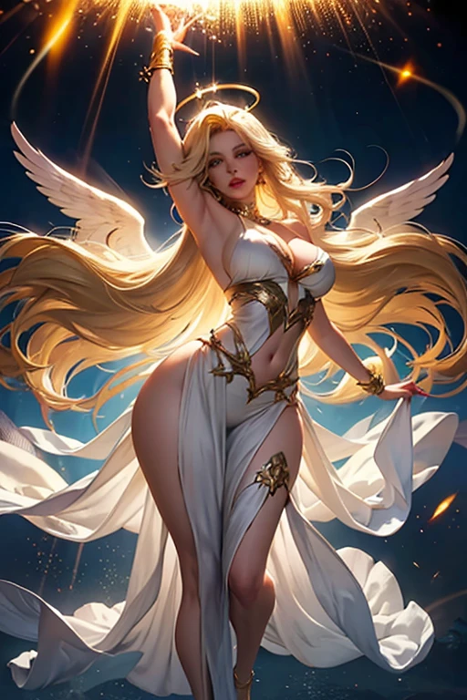 ((descending from sky))((majestic, Magnificent, celestial, floating above ground)) ((pale skin)) ((beauty smile)) ((posing innocent)) ((beautiful russian supermodel is a celestial angel)) ((Big bright blue eyes)), ((dark eyeshadows make up)) ((bright red lipstick)), ((with innocent gaze)) ((very long straight platinum blonde hair))((big breast:1.5)) ((skinny body:1.3)) ((wears fantasy white corset and tiny string thong bottom with gold ornament, long fabric tail)) ((glove, stocking)) ((halo of light over her head and behind her)), (((three pair of big white wings))) ((glowing magic sparks particles floating around))((with black sky background and white light reflectors on her)), ((high definition:1.5), ((amazing lights and shadows)) ((masterpiece:1.5))((8k:1.5)) ((Best quality:1.4)), more_details:-1, more_details:0, more_details:0.5, more_details:1, more_details:1.5, more prism, vibrant color,