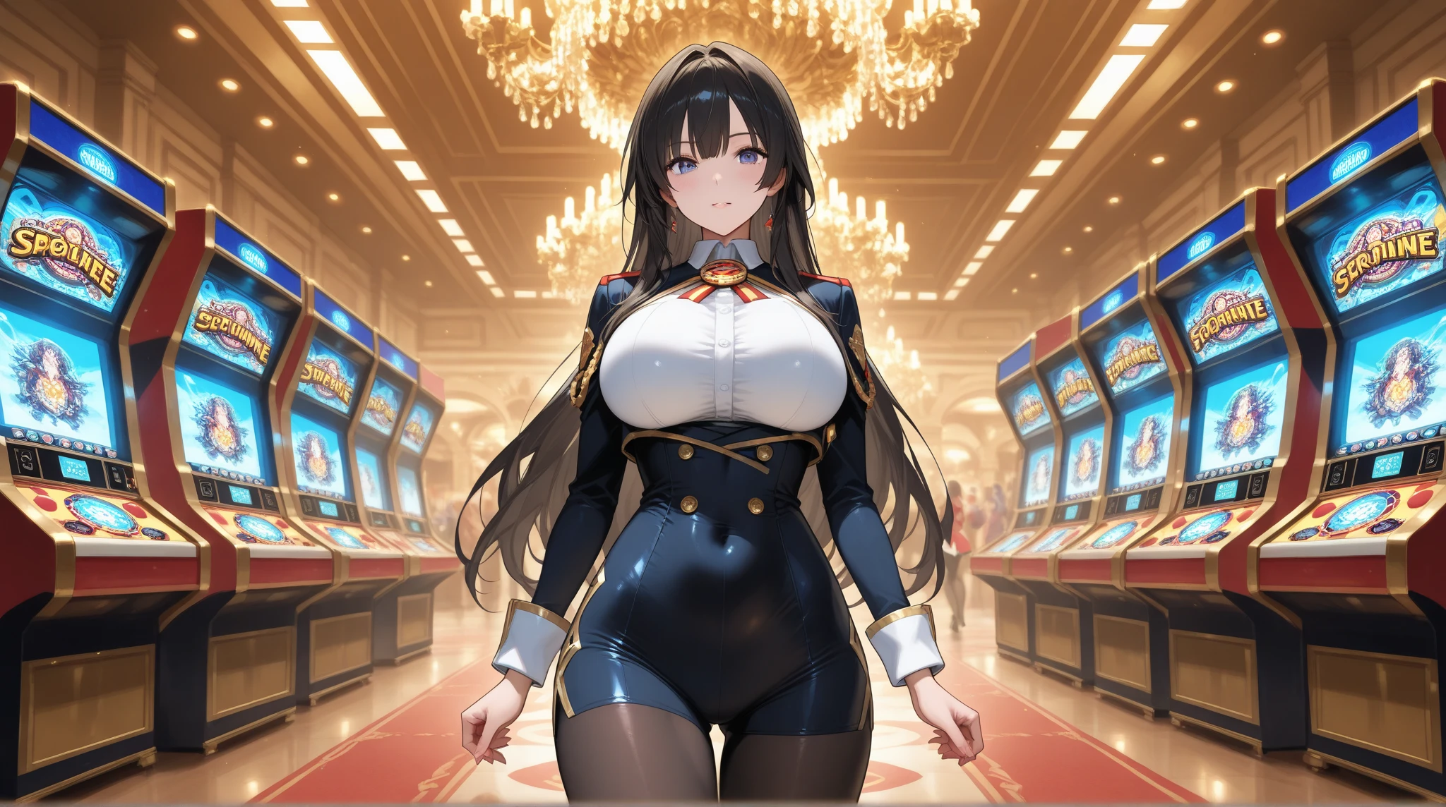 (best quality), (very aesthetic), (ultra-detailed), (best illustration), (Realistic depiction), (realistic), nsfw, 1 Girl, Solo, fine texture, (huge breasts1.5), dark brown hair, inner color blue hair, long twin tails, dark blue eyes, eye makeup, purple playboy bunny, black pantyhose, casino viproom, sitting