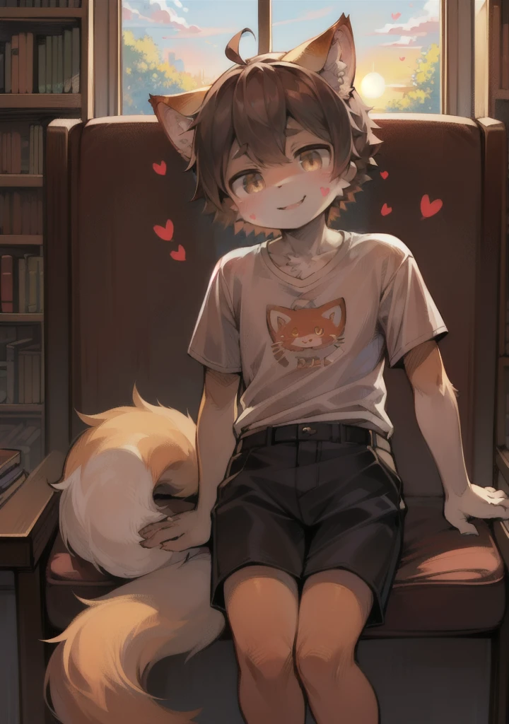 (Sunny environment:0.8),masterpiece,high quality,abstract res,digital painting\(artwork\), by dagasi, yupa,kiyosan,(anthro,fluffy fur,character focus:1.1),anthro male cat,short hair,portrait , eyes with brightness, in a panoramic view, Character focus.(detailedbackground:0.7), 独奏, shaggy, shaggy male, malefocus, anthr,(Full Body Furry, Fluffy tail,Orange-yellow fur，Sunny and cheerful smile，Cute beast too，The left side of the face is printed with a heart marker，Wearing a T-shirt with a yellow kitten printed on it，Sit in your seat by the window，libraryai，Sunlight coming in，dingdall effect