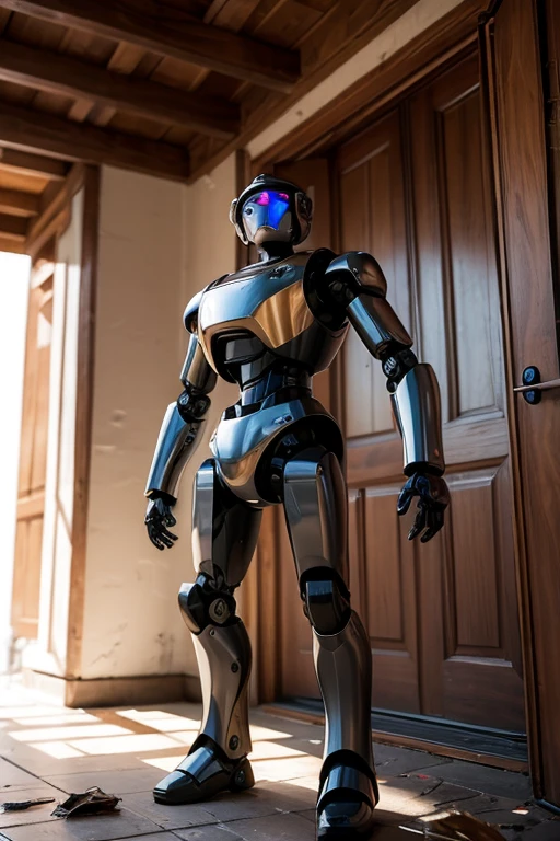 A robot looking at camera, stand in right, luxury mansion background, day time, 4k resolution