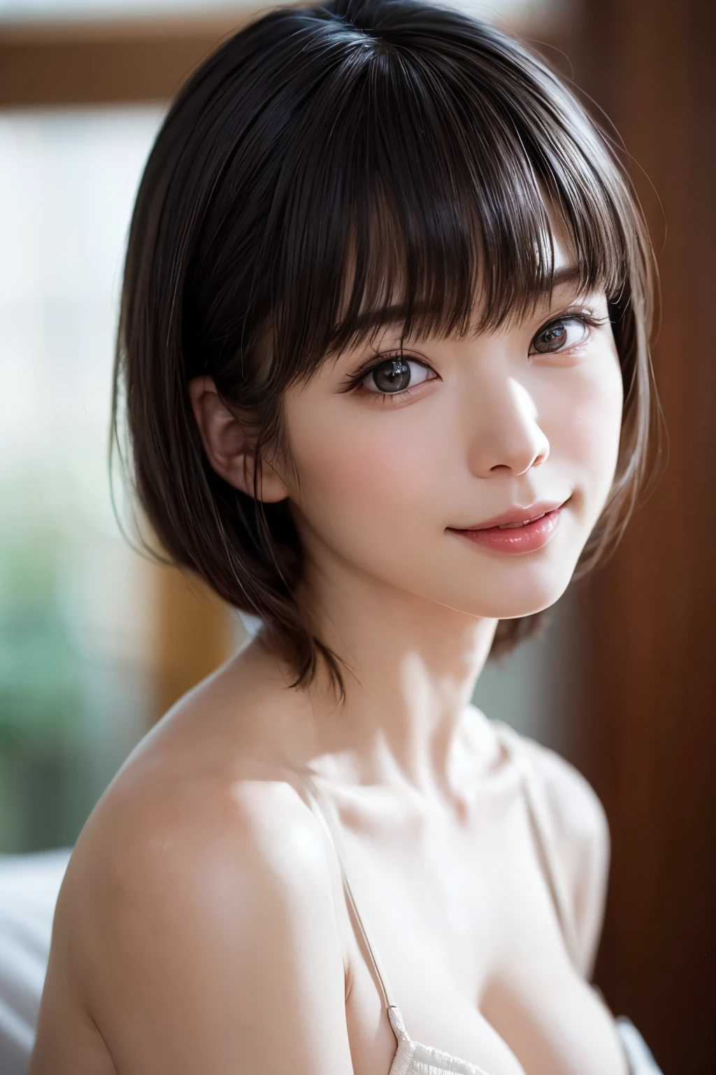 1 girl、highest quality、realistic、alone、Depth of written boundary、natural soft light、daytime、charm、beautiful face、cleanliness、pure face、white skin、cute、short hair、bangs、beach、Light of the sun、Nedium Breast Body Esbian、((セーター黄金比のbeautiful face 対称性のあるbeautiful face))、long neck、show me your ears、bangsのあるきれいな短いボブヘア、smile with your mouth closed、perfect hands指、perfect hands、perfect body、perfect face、Shine a light into your eyes、perfect anatomy:1.4、とてもcuteスーパーモデル:1.4、{Huge|big|Hugeな|mega} chest, cleavage、smile:1.6、Very beautiful teeth:1.6