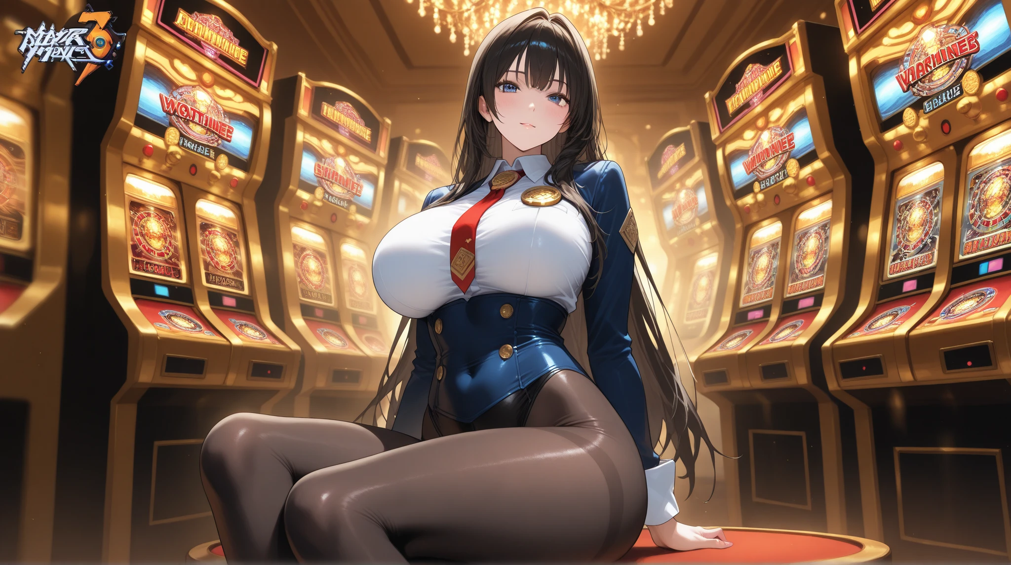 Anime illustration、highest quality、cyber punk、Fantasy、A plump bunny girl with dark brown skin、Bunny ears、A large and luxurious casino、Slot Machineagic giant roulette wheel、Big Breasts、Thick thighs、Beautiful, shining eyes、Cowboy Shot、smile、Noise Reduction、Gaming Chair