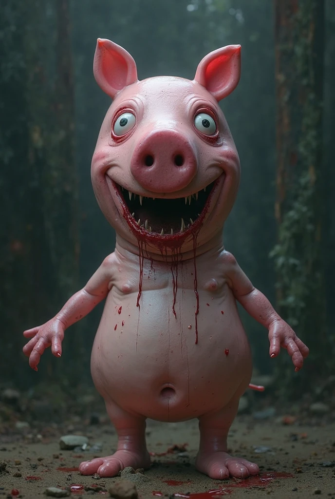 Pink rubber pig with guts and stabbed with a knife. Vomit flows from her mouth.
Lying in the swamp. crying