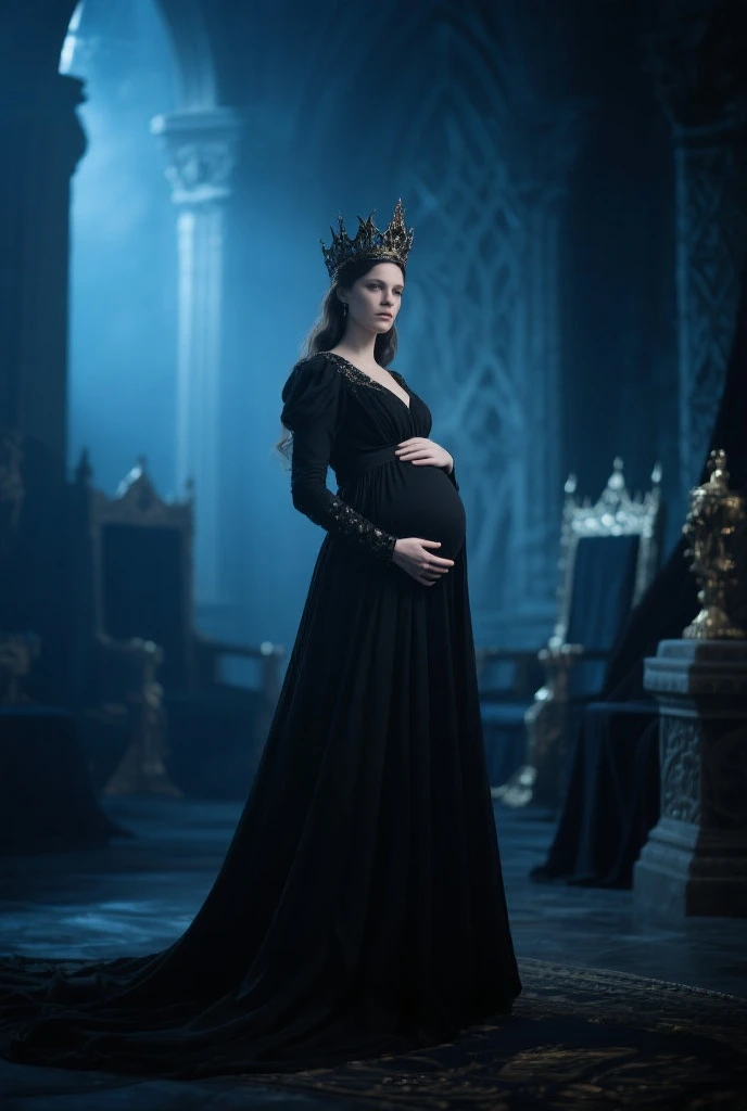 A 2 woman with blonde hair with golden strands, wearing a crown and a dress reminiscent of Sansa Stark's style from Game of Thrones, has a worried expression on her face as she looks at the camera. She is 5 months pregnant, her belly is modestly covered without showing her bare belly. The scene is set in a “winter is coming” concept, with a cold, snowy, and dark atmosphere. In the background, eerie, ghostly figures with ice-blue glowing eyes and frost-covered skin can be seen walking towards the woman. Their skeletal, imposing stature and ancient, otherworldly armor suggest an undead army, evoking a sense of danger and coldness. The scene is lit with a pale, icy blue light that enhances the winter theme, adding to the dramatic and foreboding mood of the scene. Snow gently falls in the background, creating an intense, frozen ambiance