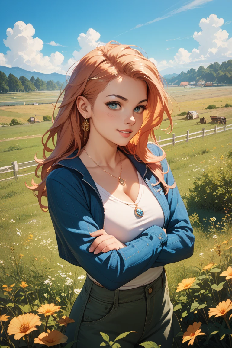 masterpiece ,best quality, Very beautiful redhead woman, suntanned, with freckles, raw photo, in countryside, 8k, cleavage