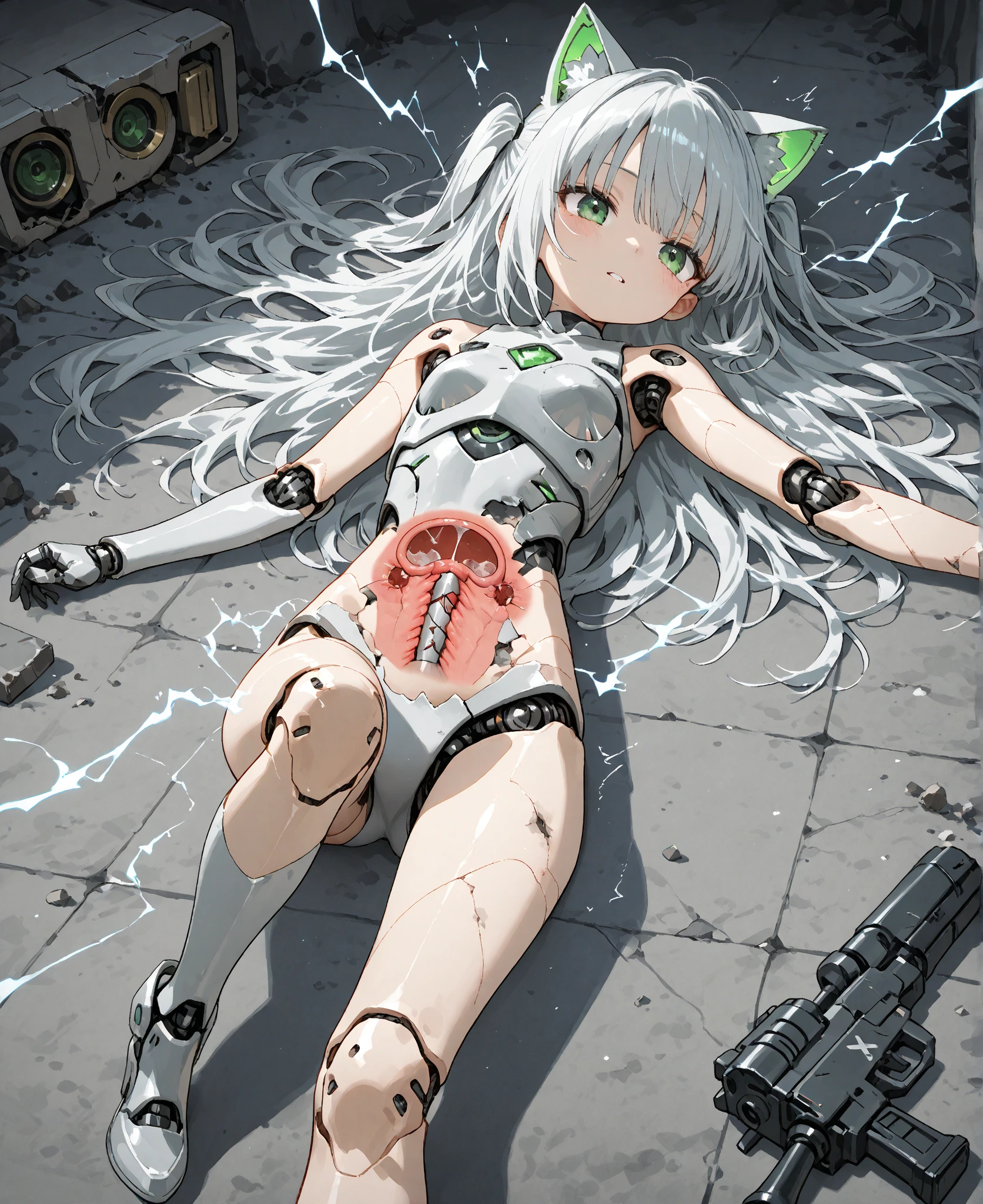 ((masterpiece,Highest quality:1.3)),cowboy shot,1woman、30-year-old beautiful detective、独奏,(very small head:1.3),green hair,(low ponytail),long hair,blunt bangs,green eyes,gorgeous eyes,tears、crying,medium breasts,(very long body:1.2),(toned body,slender body,skinny),gleaming skin,shiny skin,oily skin,(Injury:1.4,Bleeding:1.4、Torn clothes),Yellow micro shorts,topless,nipples,navel、vagina,bottomless,White sneakers、sitting,spread legs,(Mechanical Tentacles、A female mechanical lifeform rapes a female investigator:1.5)、Inside an abandoned building、explosion、World of Blade Runner、nsfw,