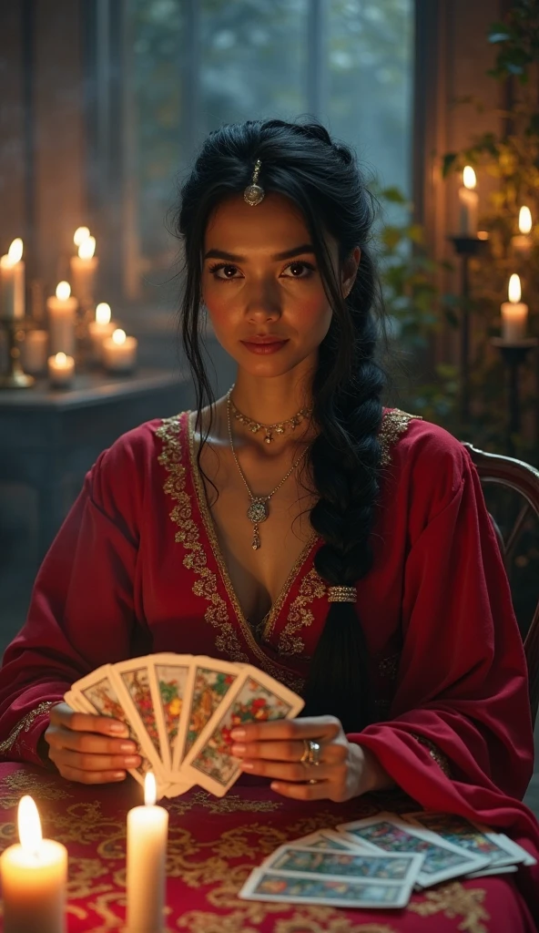 Create a stunning portrait of a tarot reader woman in a serene and mystical setting. Capture her beauty with intricate details such as her expressive eyes and delicate lips, emphasizing a hyper-realistic style. Place her at a table adorned with shimmering crystals, vibrant tarot cards spread out, and softly glowing candles casting gentle light. Use cinematic lighting techniques to enhance the vibrant colors and create a magical, ethereal atmosphere. Ensure the background is light and airy, evoking a sense of tranquility and mystique that transports viewers into a world of enchantment and wonder.