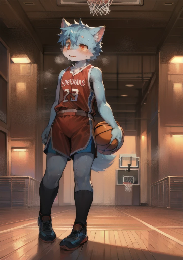 masterpiece, high quality, absurd res, digital painting \(artwork\), by dagasi, yupa,kiyosan,(fluffy fur:1.1),(bright:0.8),anthro male cat. (orange eyes,Gray blue fur, full body fur, cat snout:1.2), bright eyes,panorama，Wet diapers，character focus.detailed background,(Yellow basketball jersey, sweating,dribble, playing basketball:1.2),(indoor, basketball court:1.2)