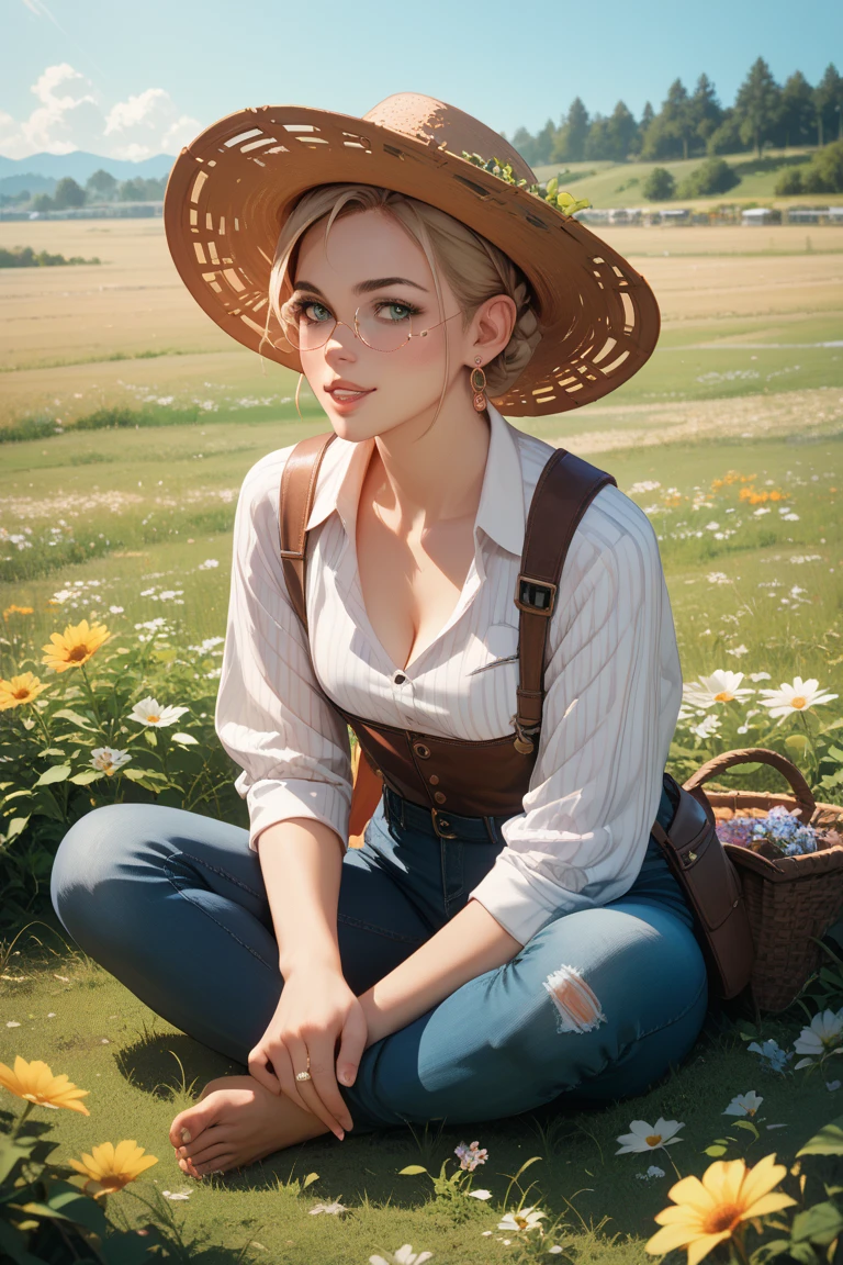 (((pixel perfect, Perfect in every detail))), alone, 1 girl, Hanayo Koizumi, brown hair,short hair,purple eyes,looking at the viewer, smile,straw hat,concealment of work overalls,rice planting boots,Paddy field,Rice cultivation,Sunny,countryside,(masterpiece:1.2), highest quality, High resolution, unity 8k wallpaper, (shape:0.8), (beautiful and detailed eyes:1.6), highly detailed face, perfect lighting, Very detailed CG, (perfect hands, perfect anatomy),
