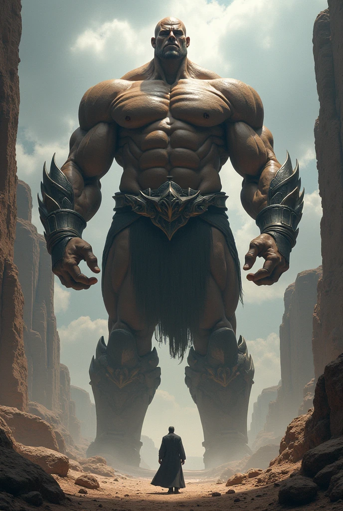 Spectacular digital artwork depicting the mythical entities of Gog and Magog, (immensity, vhorrified, oud, Colossal, Mythical), Created with advanced CGI technology, Show off their enormous size and intimidating presence in a post-apocalyptic landscape