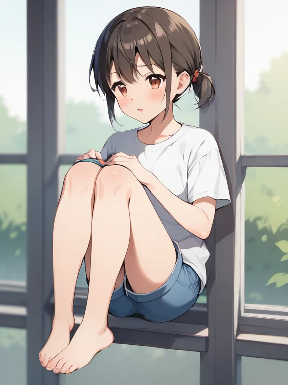 Residential Street,squat,1 ,ponytail,Black Hair,blush,smile,White T-shirt,Olive green shorts,Brown Sandals,White skin,summer,White cap,From below