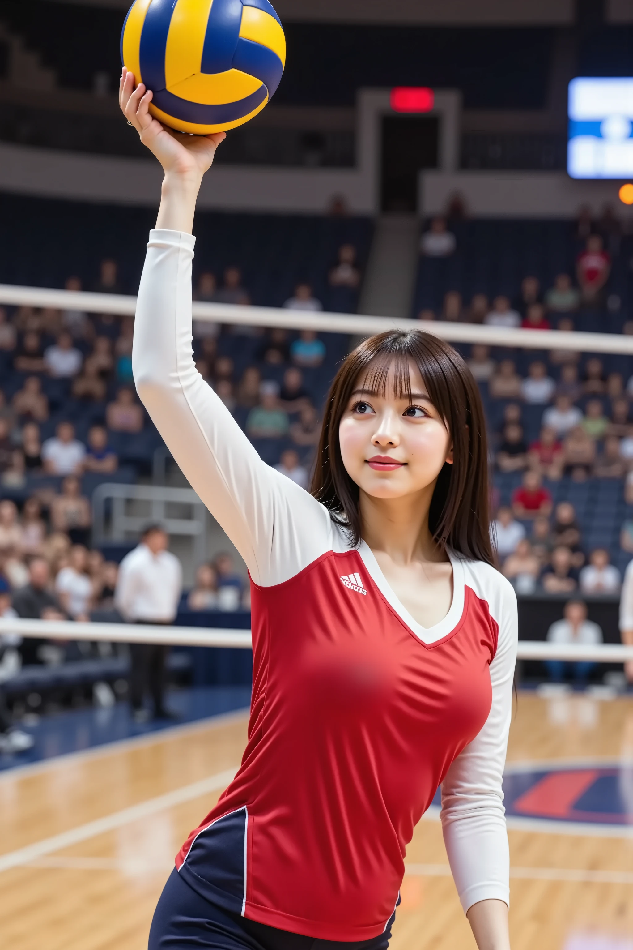 firm and big breasts, cleavage, A realistic photographic composition framed from just below the shoulder of a female volleyball player in mid-serve on an indoor court, ensuring her entire head is fully visible within the frame without cropping at the top. The background reveals blurred arena seating with cheering spectators under bright overhead sports lighting and glowing LED advertisement boards along the sideline, while a taut white net and padded metal net posts stand just behind her shoulder level. A digital scoreboard with red timer digits is softly visible beyond the blur. She wears a fitted red and white micro-mesh polyester volleyball jersey with white sleeves, navy trim along the collar and seams, and a white sponsor patch with blue logo on the right sleeve. The sharply plunging V-neckline clamps firmly across her firm, full breasts, producing a deep cleavage line framed by underbust seam lines that lift and support each rounded contour with taut tension folds and specular highlights. Flatlock stitch lines along raglan sleeves and side panels are visible, and the fabric shows natural stretch wrinkles and moisture sheen across her chest and shoulders. Her right arm extends upward holding a regulation yellow and blue volleyball, the rubber dimples rendered crisply. The polished hardwood court floor below her frame reflects court lines and arena lights in glossy detail. Natural stadium illumination casts even highlights on the uniform, cleavage contours, and ball while preserving gentle shadow transitions on fabric folds and muscle definition. The composition is shot at eye level with an 85 mm equivalent prime lens at f/2.2 on a full-frame sensor, keeping the subject sharply in focus while rendering background into smooth circular bokeh highlights. Neutral white-point calibration renders true reds, whites, navy, wood tones, and natural skin tones faithfully without stylization.
