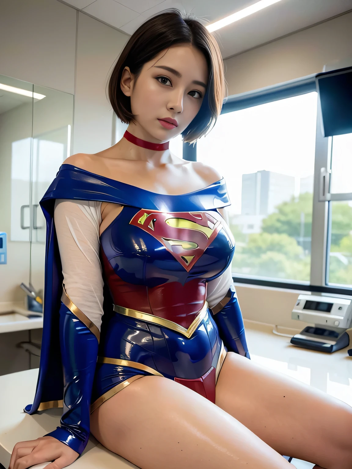 masterpiece、Latex Supergirl Costume、short hair、operating table、Patent leather boots、Big and ample breasts、choker、Long sleeve、Red mini skirt、Looking at the camera、Off the shoulder、Beautiful Body、