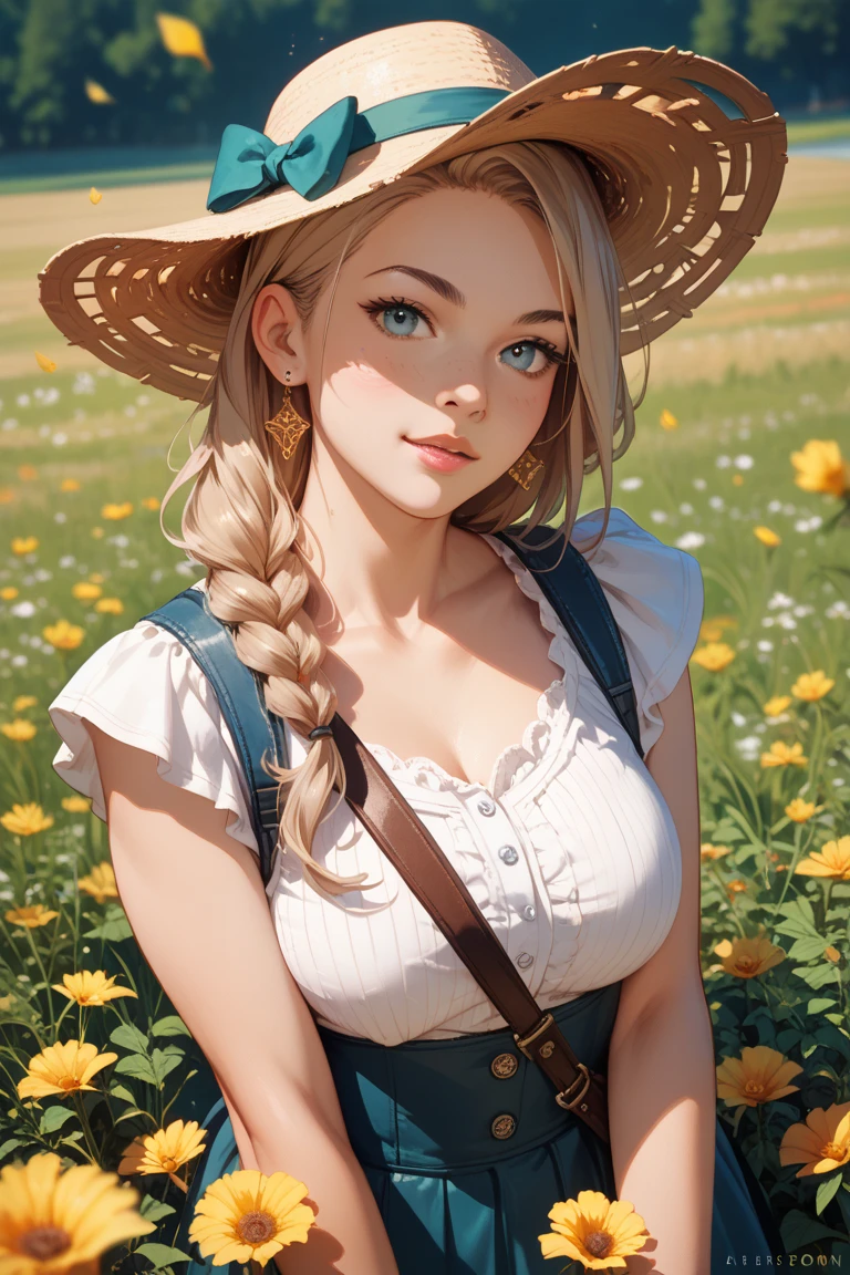 (an oil painting)、cowboy shot、realisitic、top-quality、masterpiece、realisitic、(Farm theme:0.9)、shinny eyes、Woman in overalls、white t-shirts、a straw fedora hat、gorgeous woman、a blond、hair wavy、de pele branca、cleavage of the breast、Blue eyeorning glow、Seductive look、Happiness、farm background、(nffsw:1.1)、Atmospheric perspective、. sultry look, seductive,